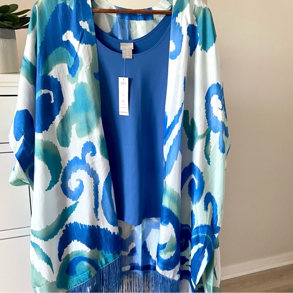 Chico's Tops - Chico's 2 Piece Silk Whimsical Scroll Ruana Wrap OS Blue Microfiber Tank…